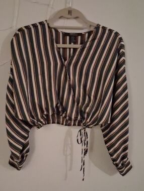 Forever 21 Black, White & Cream Striped Drawstring Wrap Top
